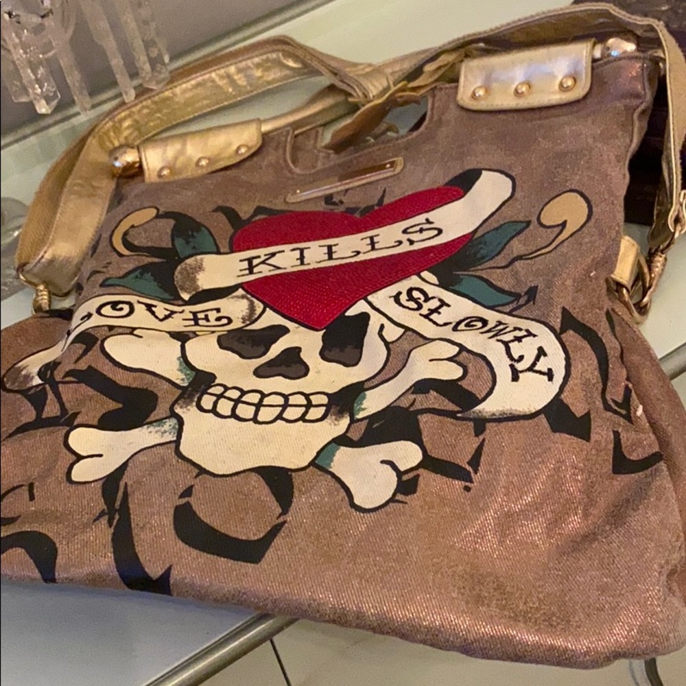 Ed Hardy “Love Kills Slowly” Gold Satchel bag!